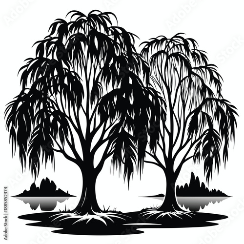 Silhouetted weeping willows cast reflections into the calm water in a monochrome vista