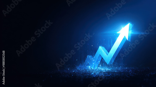 Glowing blue upward arrow symbolizing rapid business growth and financial success in a digital environment.