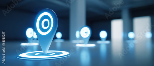Futuristic location markers representing digital mapping, navigation, and smart positioning technology.