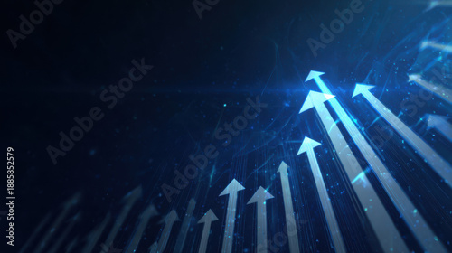 Abstract blue arrows pointing upward, symbolizing business growth, success, progress, and positive financial performance in a digital future concept.