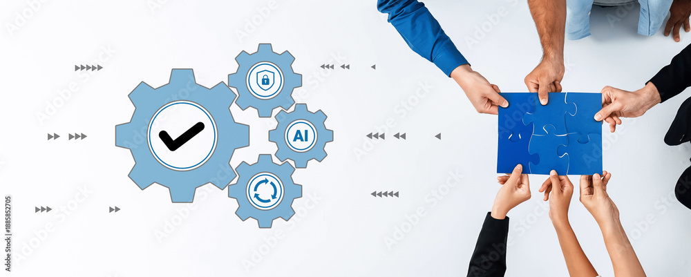 Obraz premium Dynamic teamwork in a modern workspace showcases hands connecting puzzle pieces with gears, symbolizing innovation, strategy, and collaborative problem solving. Gantry