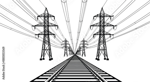Electric power transmission perspective illustration, high voltage towers and power lines, railway corridor concept, energy infrastructure, electricity grid, industrial engineering, 
