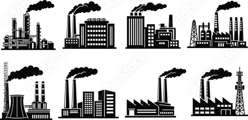 Industrial city factory silhouette set, power plants and refineries, smoke pollution concept, heavy industry buildings, manufacturing infrastructure, black solid vector illustration