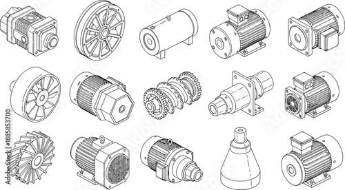 Industrial electric motor components illustration set, mechanical engineering equipment, gears, rotors, generators, technical machinery parts, isometric outline, manufacturing industry 