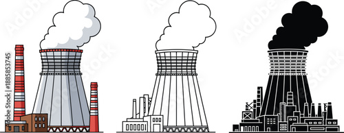 Nuclear power plant illustration set, cooling tower factory icons, industrial energy production, pollution concept, outline, flat, monochrome styles, electricity generation infrastructure vector