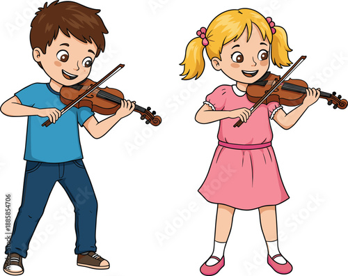 Cute cartoon boy and girl playing violin together happy children musicians colorful flat vector illustration isolated on white background design