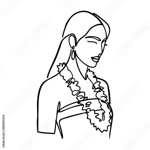 Dibujo sencillo con líneas de una mujer con atuendo tradicional asiático 