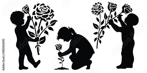 Children silhouettes are holding large rose flowers while one plants a small one