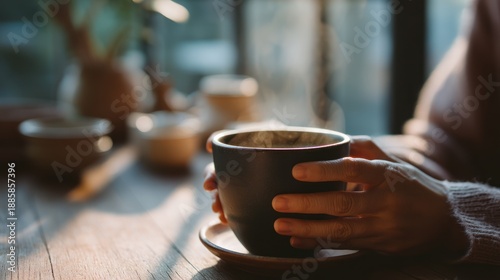 Person cradling a warm gray coffee cup in their hands, surrounded by morning ambiance, soft focus, and natural light, evoking a cozy, serene, and inviting atmosphere.