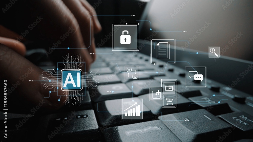 Naklejka premium Close-up of Hands Typing on Keyboard with AI Icons and Digital Security Symbols Indicating Emerging Technology and Innovation in Data Processing Gluon.