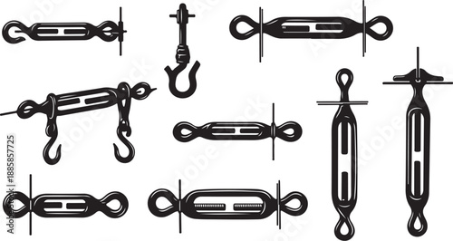 Collection of various metal chain links and hooks isolated