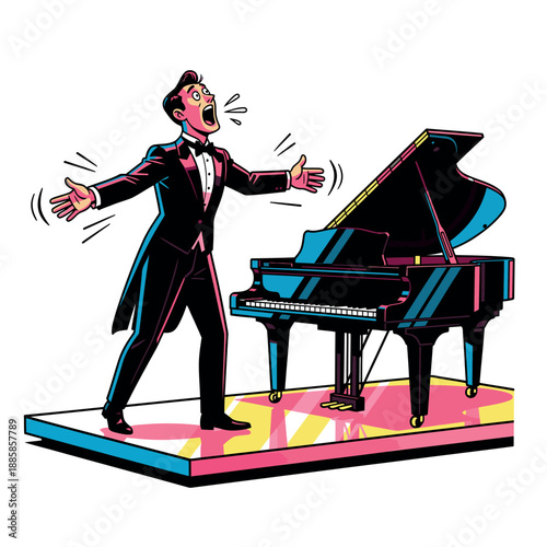 Man singing passionately beside grand piano on stage.