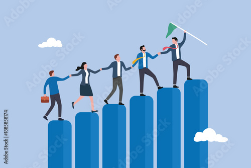 Teamwork to success together, business people help team climbing growth chart, employee career path or partnership support to help business growing, team collaboration or mentor and training concept.
