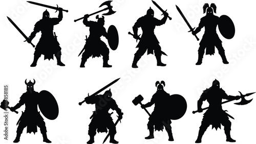Set, of, black, warrior, silhouettes, including, knights, vikings, and, barbarians, with, swords, axes, shields, and, hammers, isolated, on, white, background.