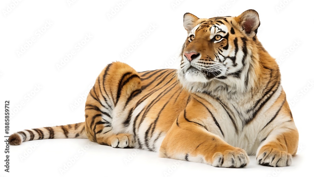 Obraz premium Tiger lying down cut out isolated on white background With shadow. AI GENERATED.