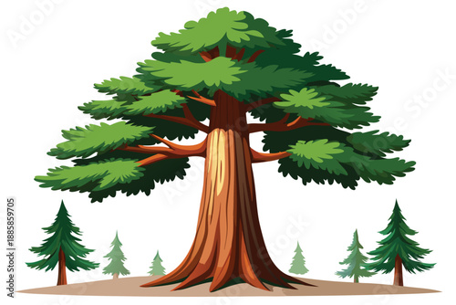 Giant redwood tree stands majestically as smaller fir trees surround it on the ground