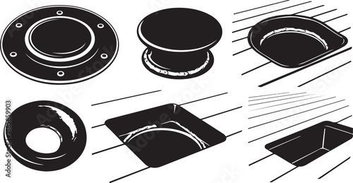 Black and white illustration of various metal plate designs