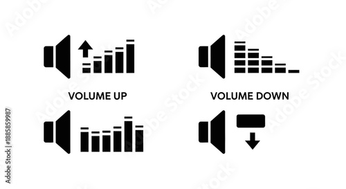 Volume control icons with sound waves and arrows.