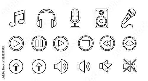 Collection of simple black and white audio and video control icons.