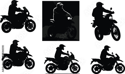 Silhouette of motorcyclists riding adventure bikes, side view vector for travel, speed, freedom, transportation art