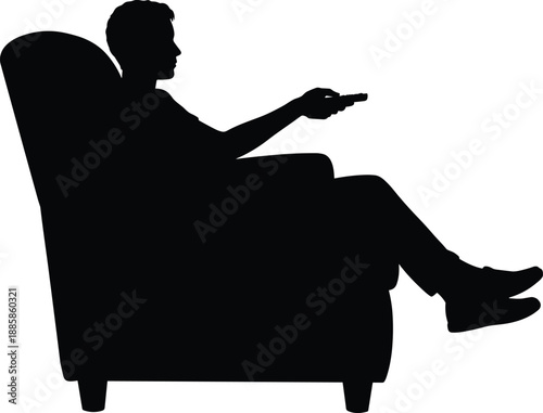 Silhouette of man sitting on armchair, holding remote, watching TV, relaxing at home, leisure, lifestyle, modern comfort, indoors