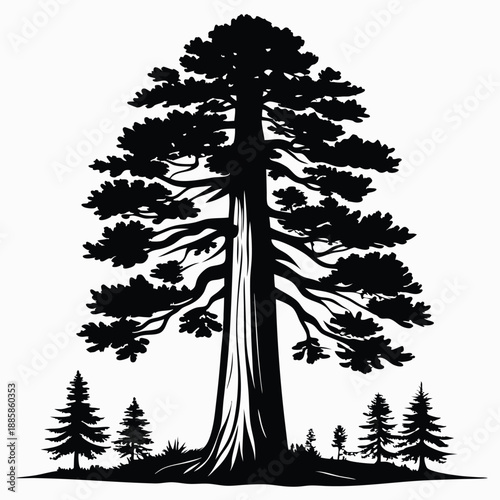 Majestic giant sequoia silhouette towers above smaller trees in an expressive monochrome landscape