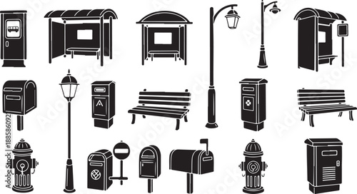 Urban Street Furniture and Infrastructure Icon Set Collection