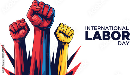 International Labor Day illustration with raised fists in red, blue, and yellow, symbolizing strength and solidarity