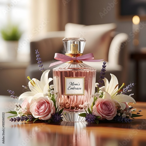Elegant perfume bottle with floral arrangement on a wooden table