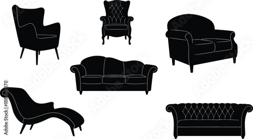 Silhouette vector illustration of classic and modern furniture including sofas, armchairs, chaise lounge, and wingback chairs for stylish interior design
