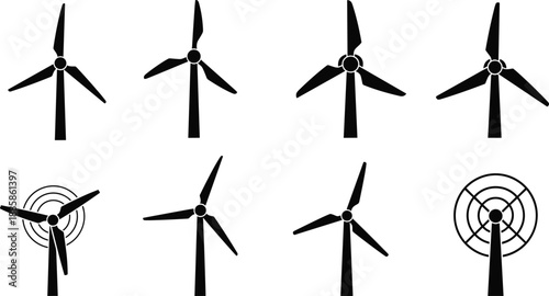 Collection of Wind Turbine Silhouettes in Different Views energy power