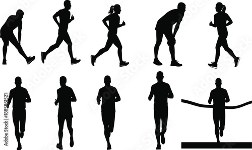 Silhouette runners jogging, sprinting, stretching, and finishing race line, athletic training, fitness exercise, running competition, health and sport illustration