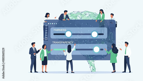 Diverse Team Collaboratively Adjusting Fairness and Transparency Parameters on a Digital Interface, Emphasizing Ethical AI and Responsible Data Management Solutions
