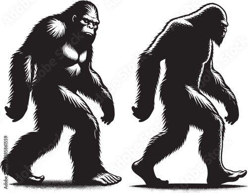 Two Silhouette Bigfoot or Sasquatch Figures Walking in Profile, Mysterious Cryptid Icons