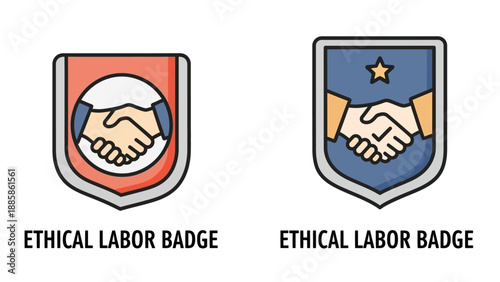 Professional vector badges depicting ethical labor standards, handshake agreements, and a commitment to fair business practices and responsible employment across various industries