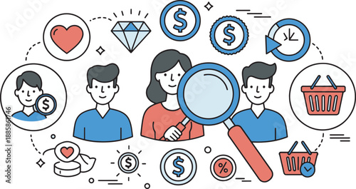 Diverse group of people analyzed with magnifying glass for customer segmentation market research and business strategy surrounded by icons representing finance loyalty