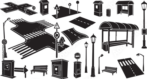 Urban City Street Infrastructure and Transportation Icons Set