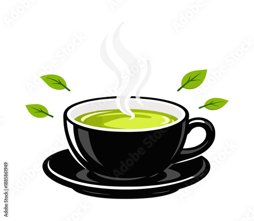 Cartoon style clip art illustration of hot green tea depicting steam rising and surrounding tea leaves for a refreshing beverage concept