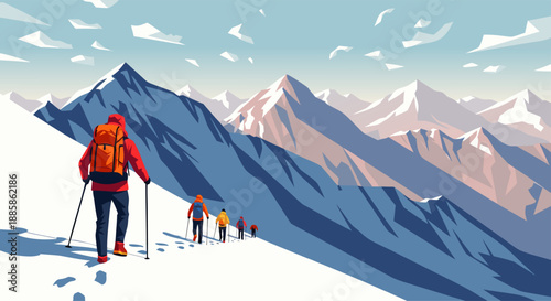 Group of hikers ascend a snow-covered mountain trail with trekking poles, enjoying a breathtaking vista of majestic peaks under a clear blue sky