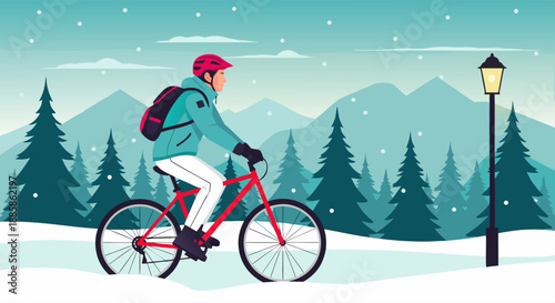 Man cycling through a snowy landscape with snow-covered trees and mountains in the background, winter sports and outdoor activity