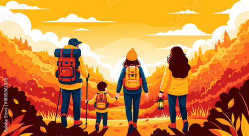 Family Hiking Adventure Amidst Autumn Scenery A Journey Through Vibrant Fall Foliage