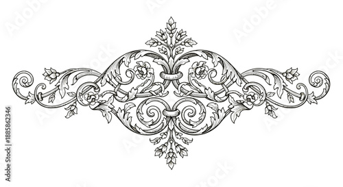 An intricate black and white illustration of swirling floral patterns and ornaments from a front viewpoint, depicting elegance and refinement.