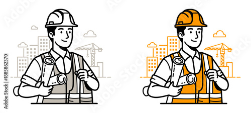 Construction workers wearing hard hats and safety vests standing confidently in front of a cityscape with buildings and cranes, vector illustration, urban environment, frontal viewpoint