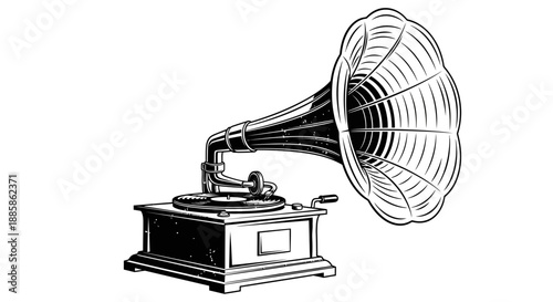 Vintage gramophone illustration viewed from the side showing the horn and turntable details in a classic black and white line art style Whisk_tvmmjvimza.svg