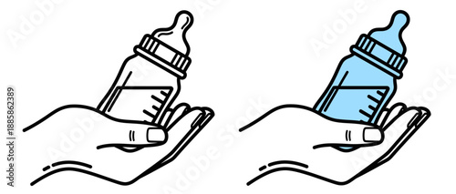 Illustration of a hand holding a baby bottle with milk, with another hand holding a blue baby bottle, symbolizing nourishment and care for infants