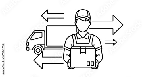 Delivery person holding a package with a truck behind, surrounded by directional arrows indicating movement and logistics operations in a simple line art style.