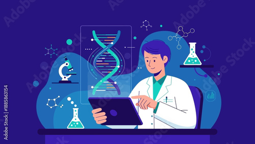 Scientist analyzing DNA helix with futuristic holographic interface and lab equipment