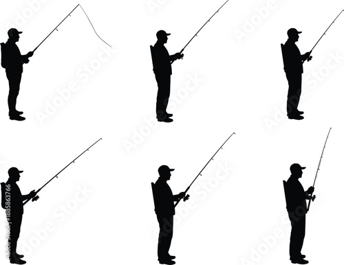 Silhouette fisherman with fishing rod in various poses, outdoor angling vector collection for illustration design