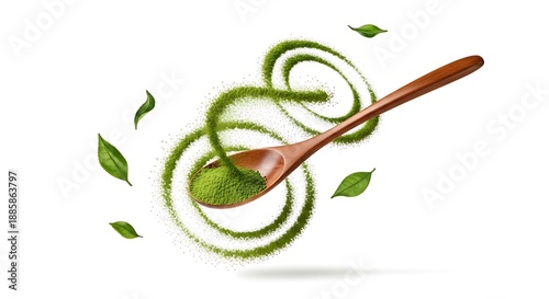 Wooden spoon with green matcha powder swirling around and leaves