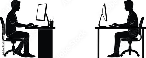 Silhouette man working at computer desk, office worker using desktop, sitting posture, business workplace, technology illustration